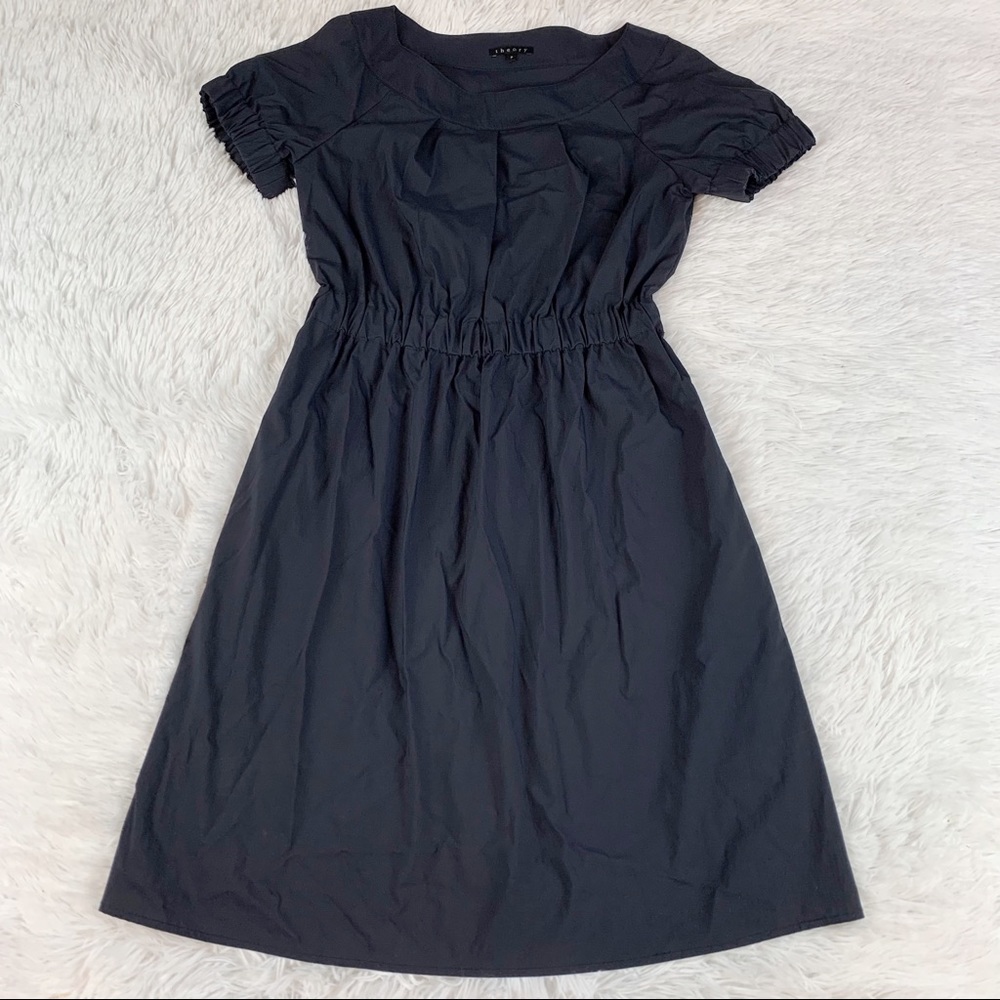 Theory petite short sleeve round neck black dress solid elasticized cuffs waist